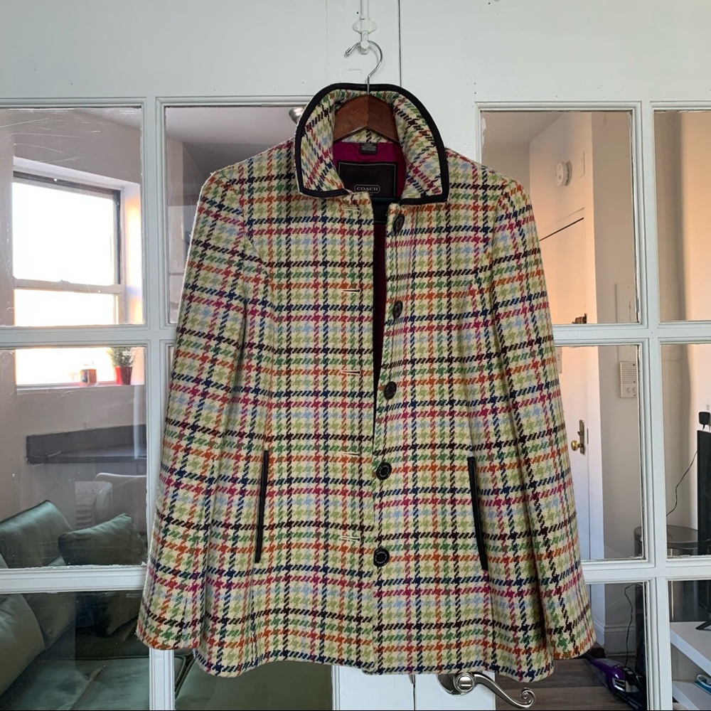 Coach Wool Multicolor Tattersall Pea Coat with Leather Trim size S